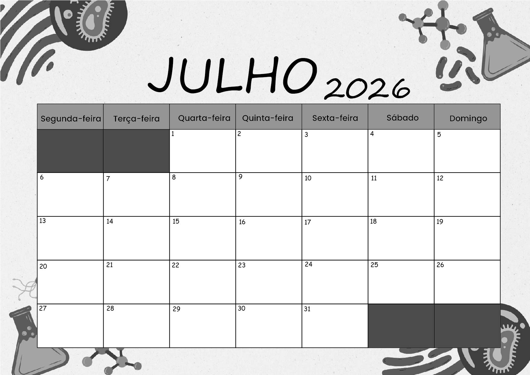 Calendário Julho 2026 para imprimir