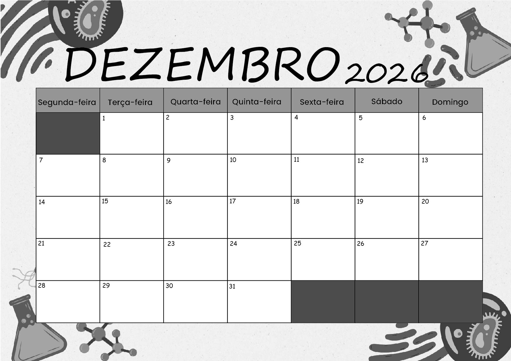 Calendário Dezembro 2026 para imprimir