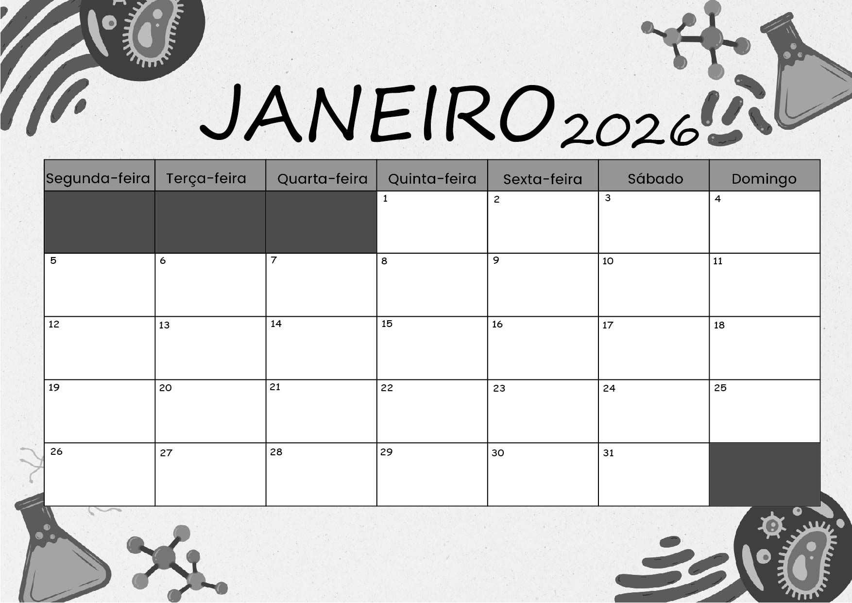 Calendário Janeiro 2026 para imprimir