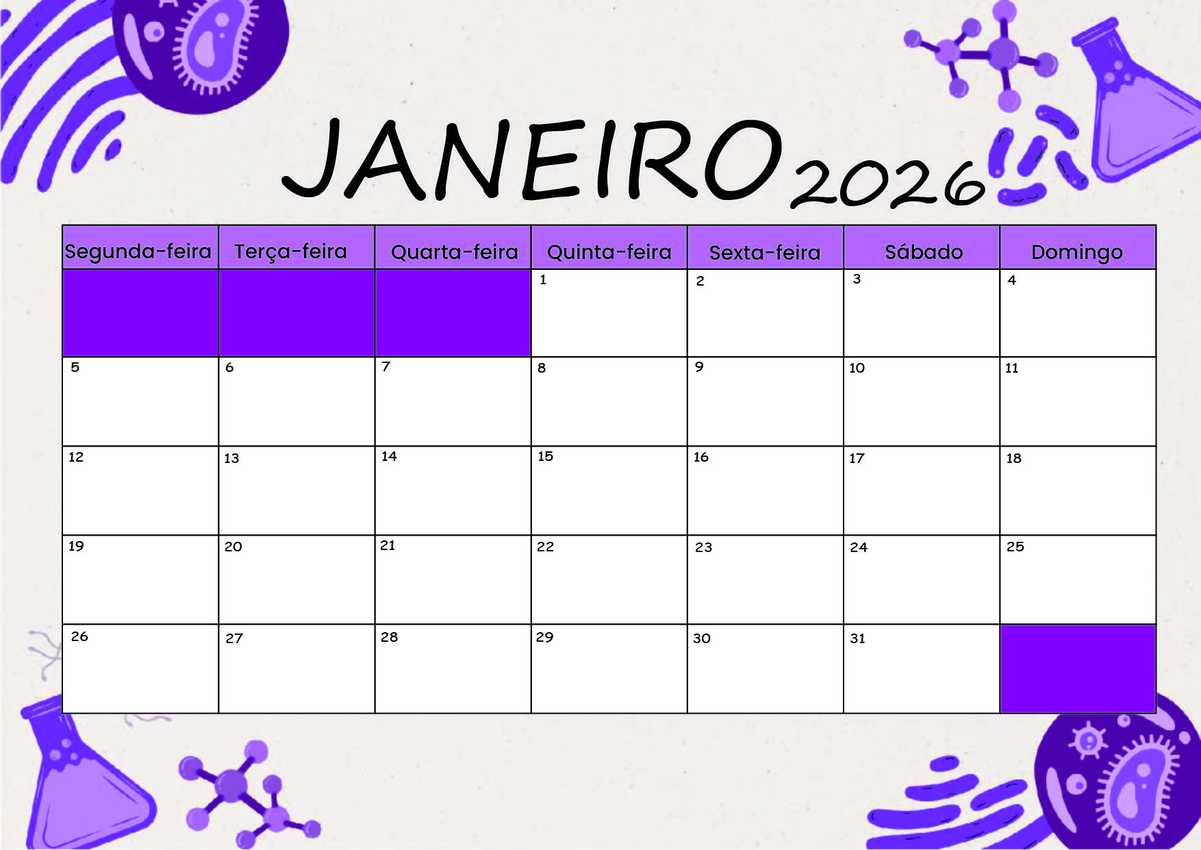 Calendário Janeiro 2026 para imprimir