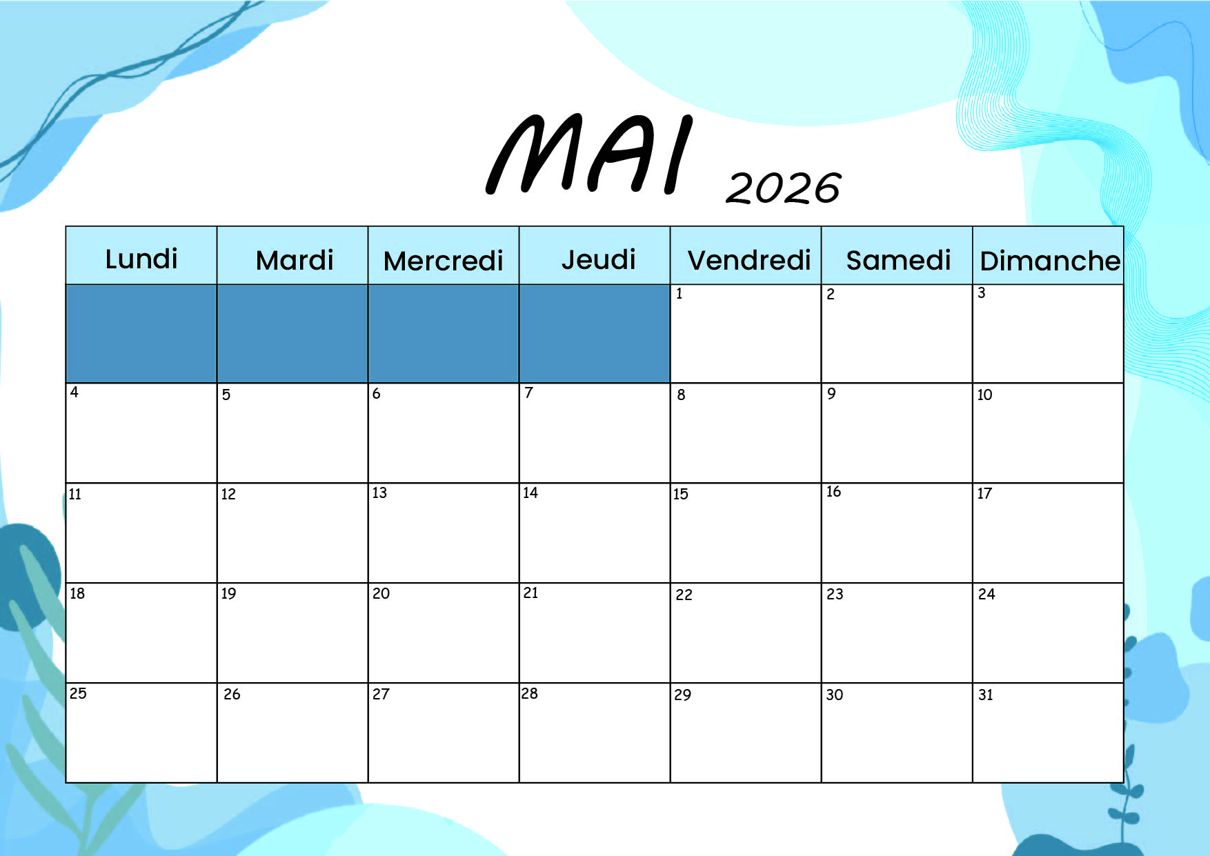 Calendrier Mai 2026 à imprimer