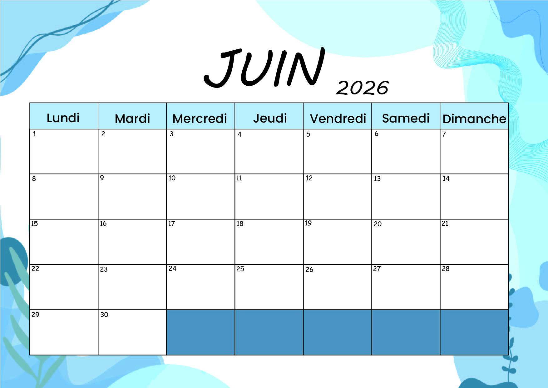 Calendrier Juin 2026 à imprimer