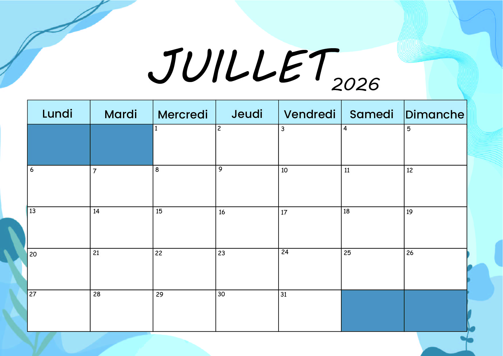 Calendrier de Juillet 2026 à imprimer en PDF