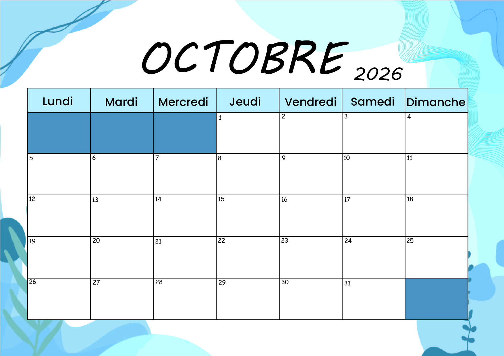 Calendrier Octobre 2026 à imprimer