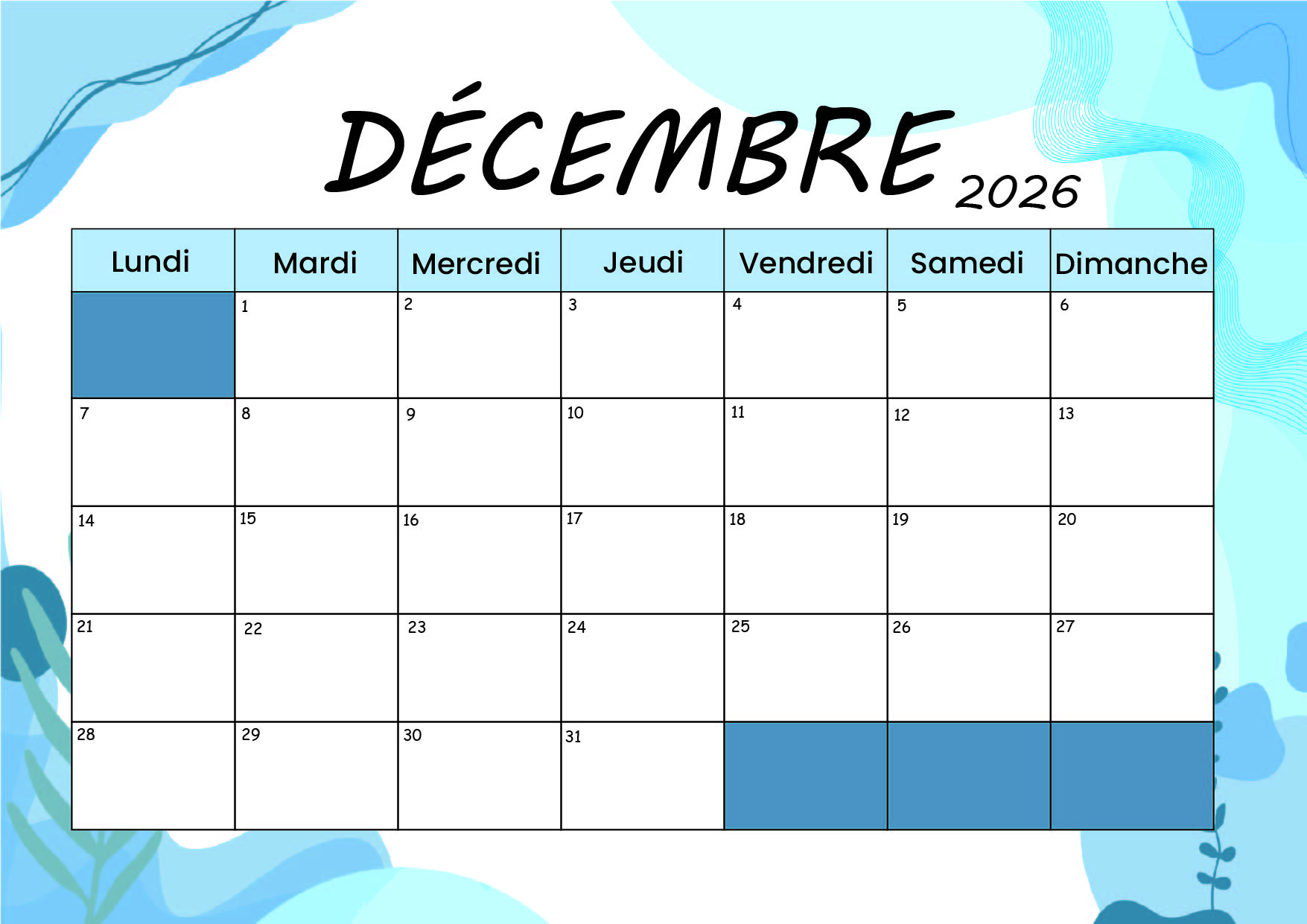 Calendrier Décembre 2026 à imprimer