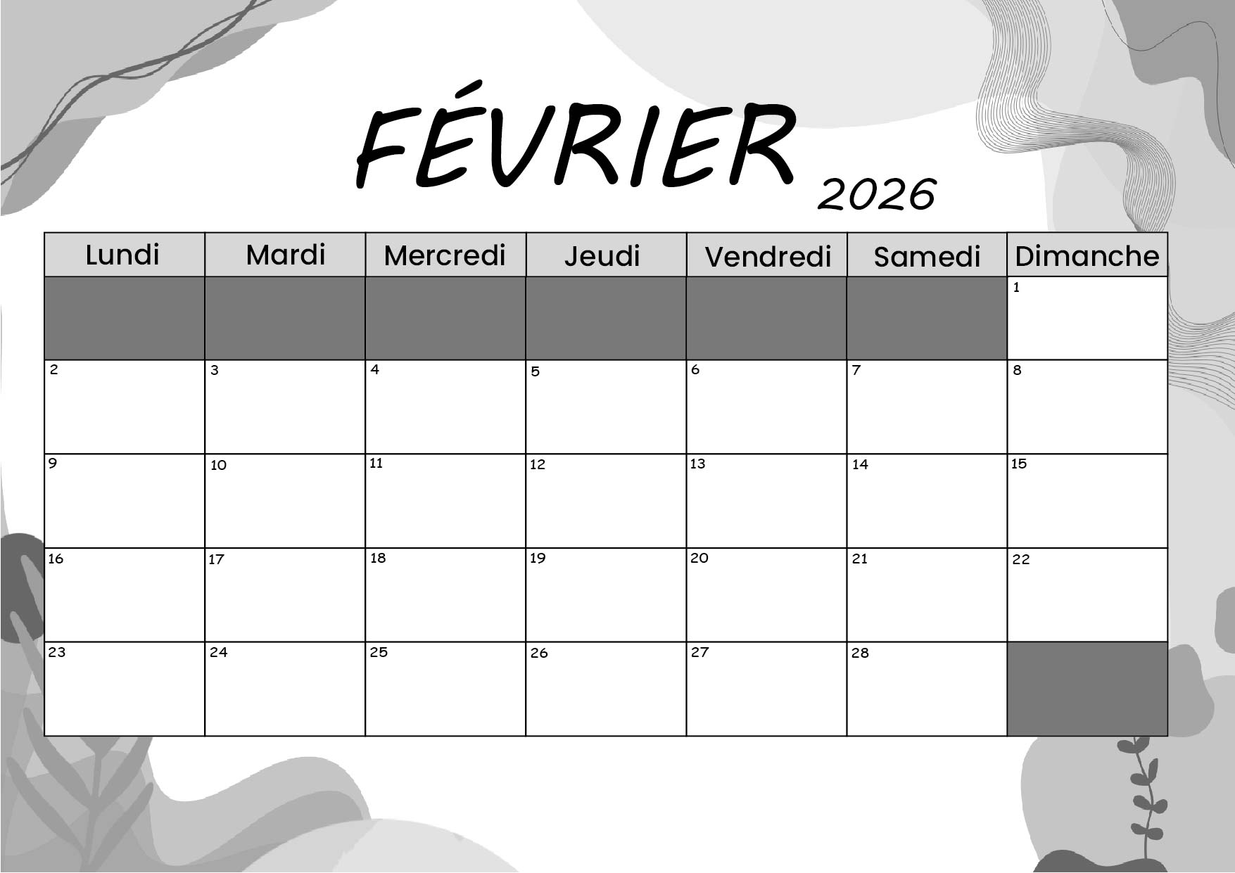 Calendrier de Février 2026 à imprimer en PDF
