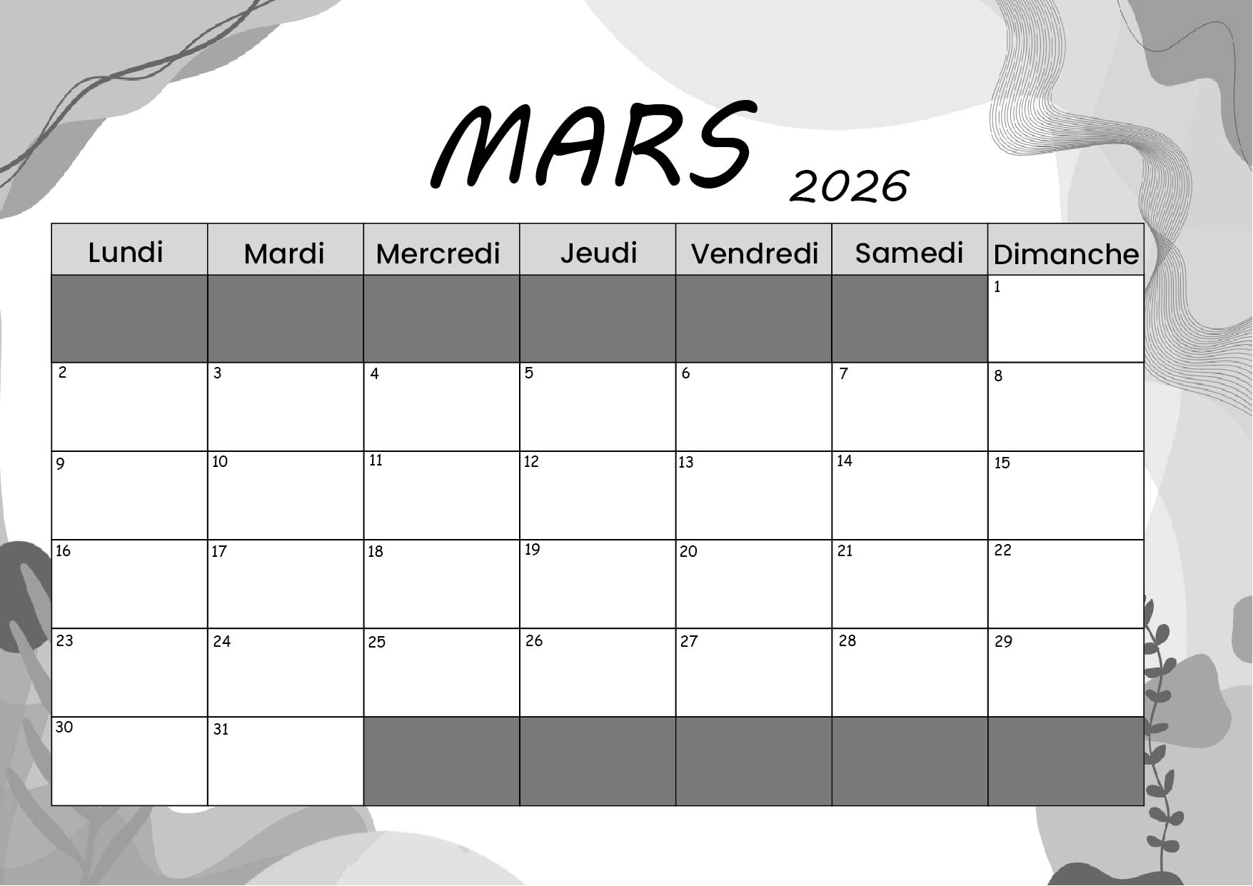 Calendrier Mars 2026 à imprimer