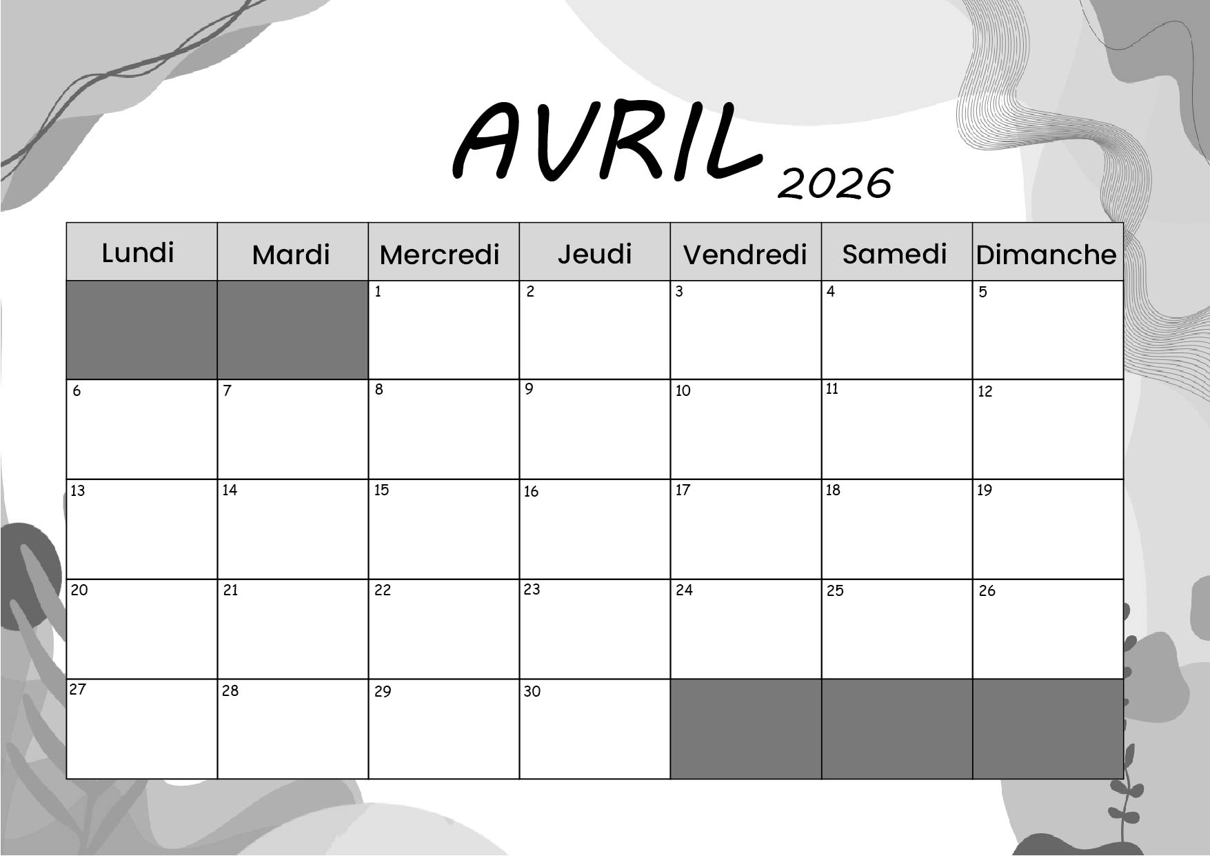 Calendrier Avril 2026 à imprimer