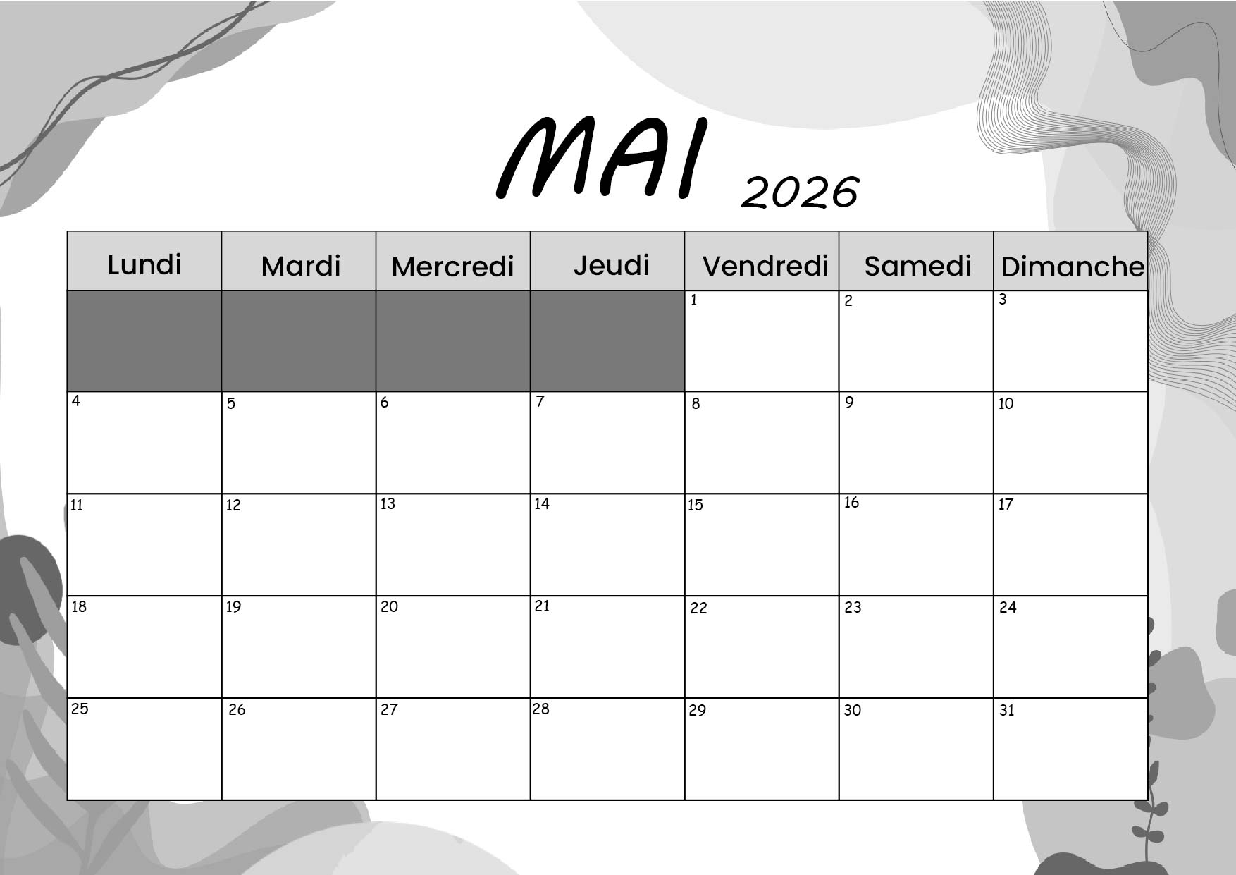 Calendrier Mai 2026 à imprimer