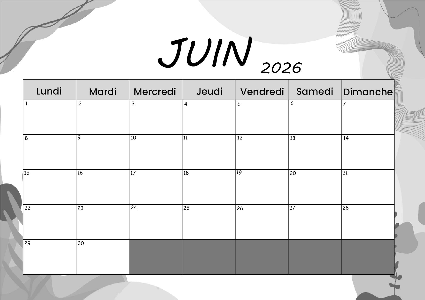 Calendrier Juin 2026 à imprimer