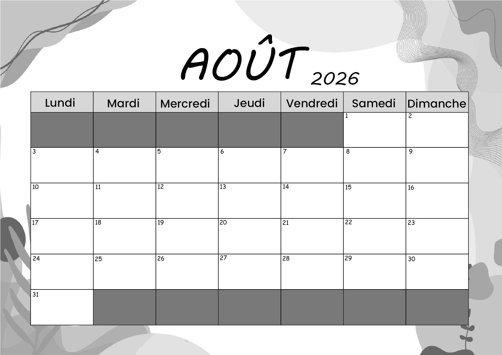 Calendrier Août 2026 à imprimer