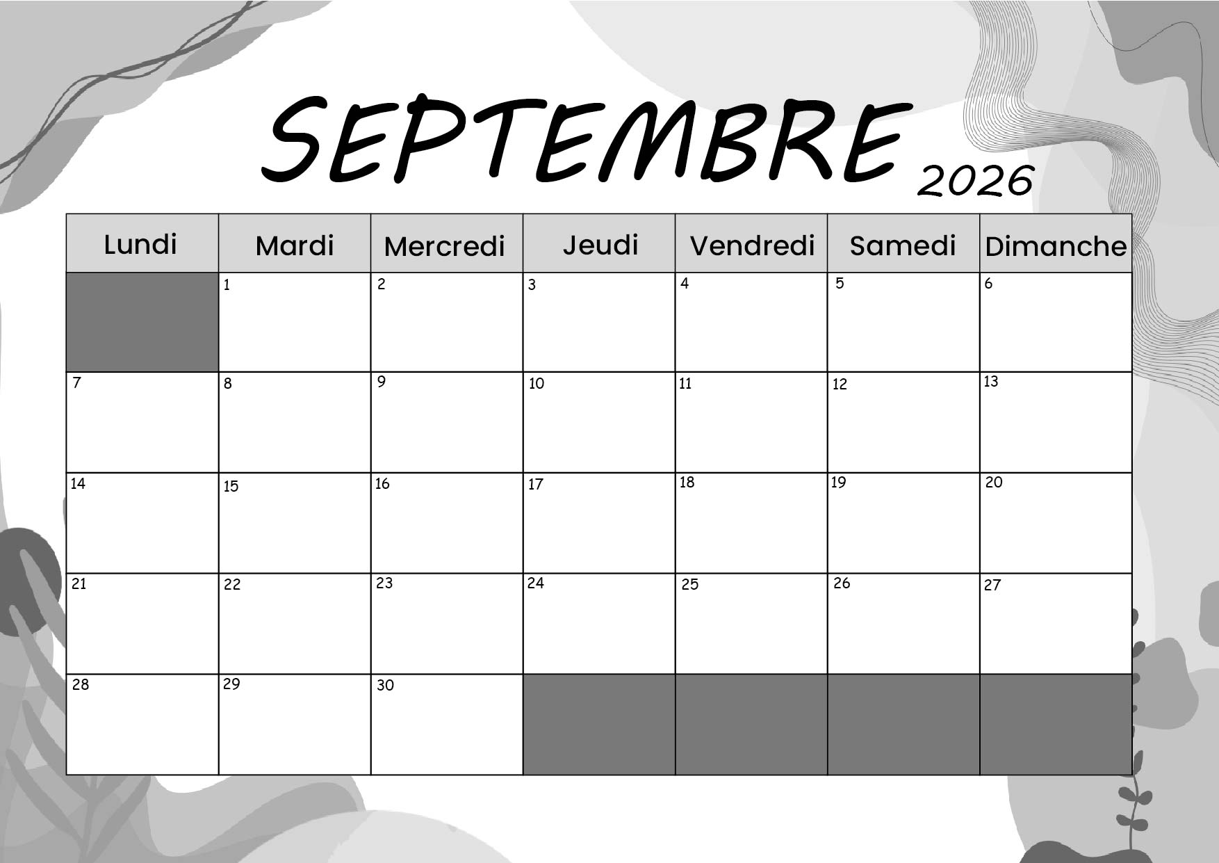 Calendrier Septembre 2026 à imprimer