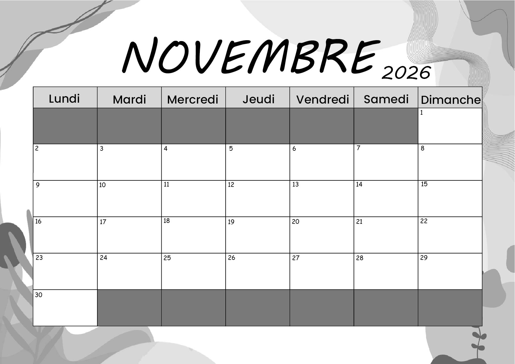 Calendrier de Novembre 2026 à imprimer en PDF