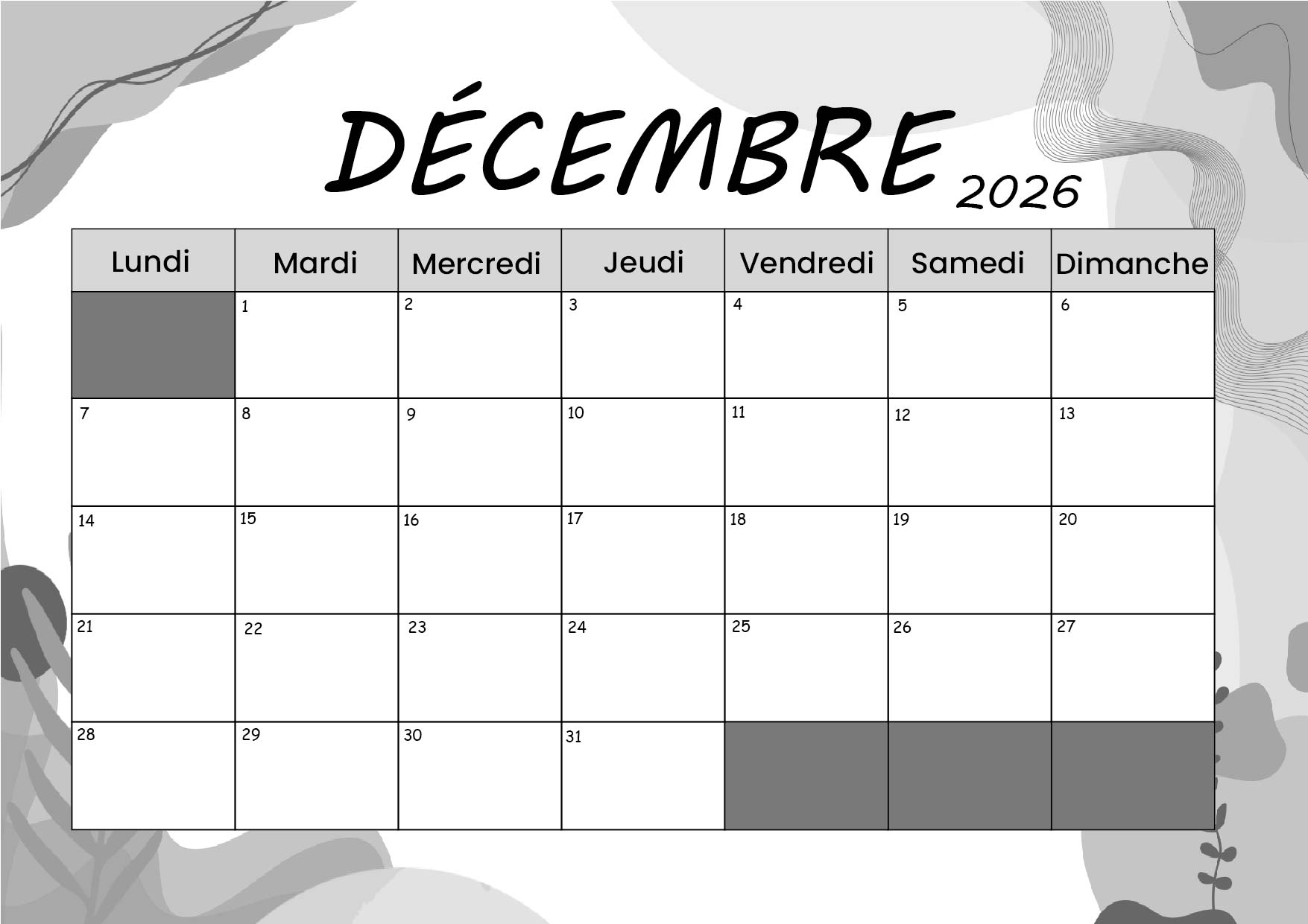 Calendrier Décembre 2026 à imprimer