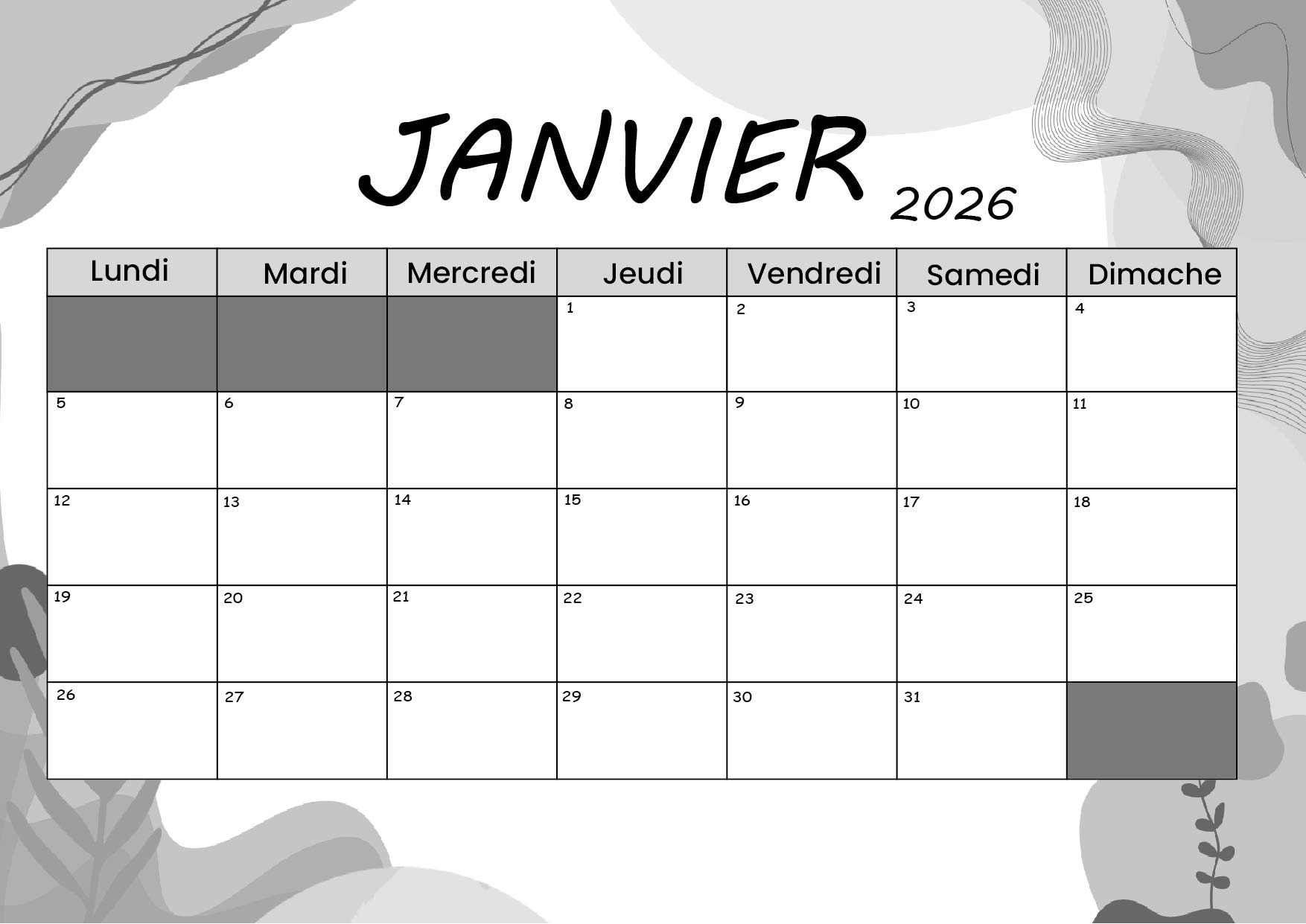 Calendrier de Janvier 2026 à imprimer en PDF