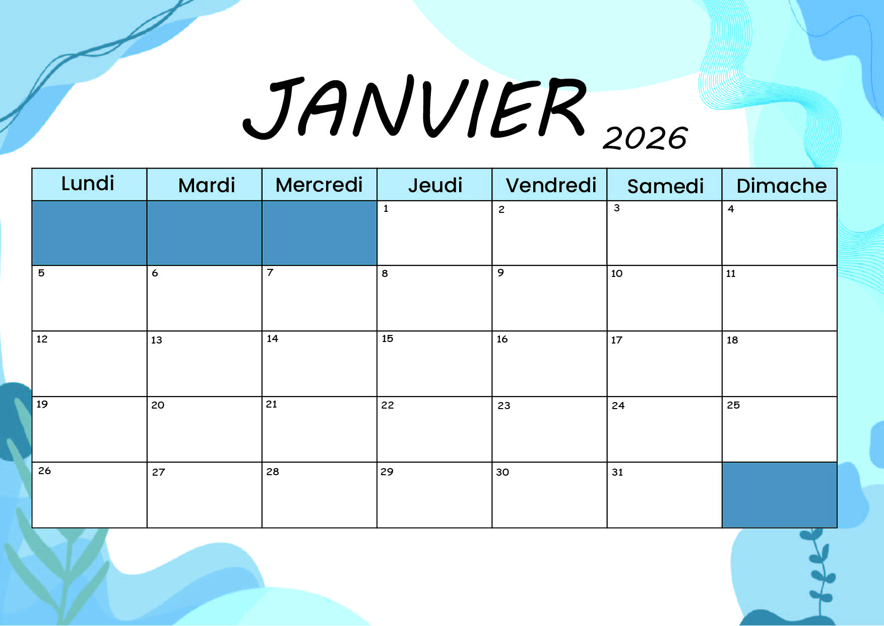 Calendrier de Janvier 2026 à imprimer en PDF