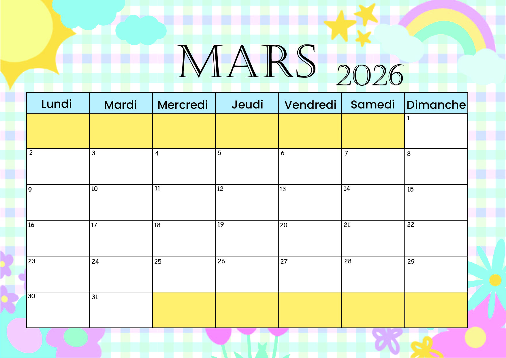 Calendrier Mars 2026 à imprimer