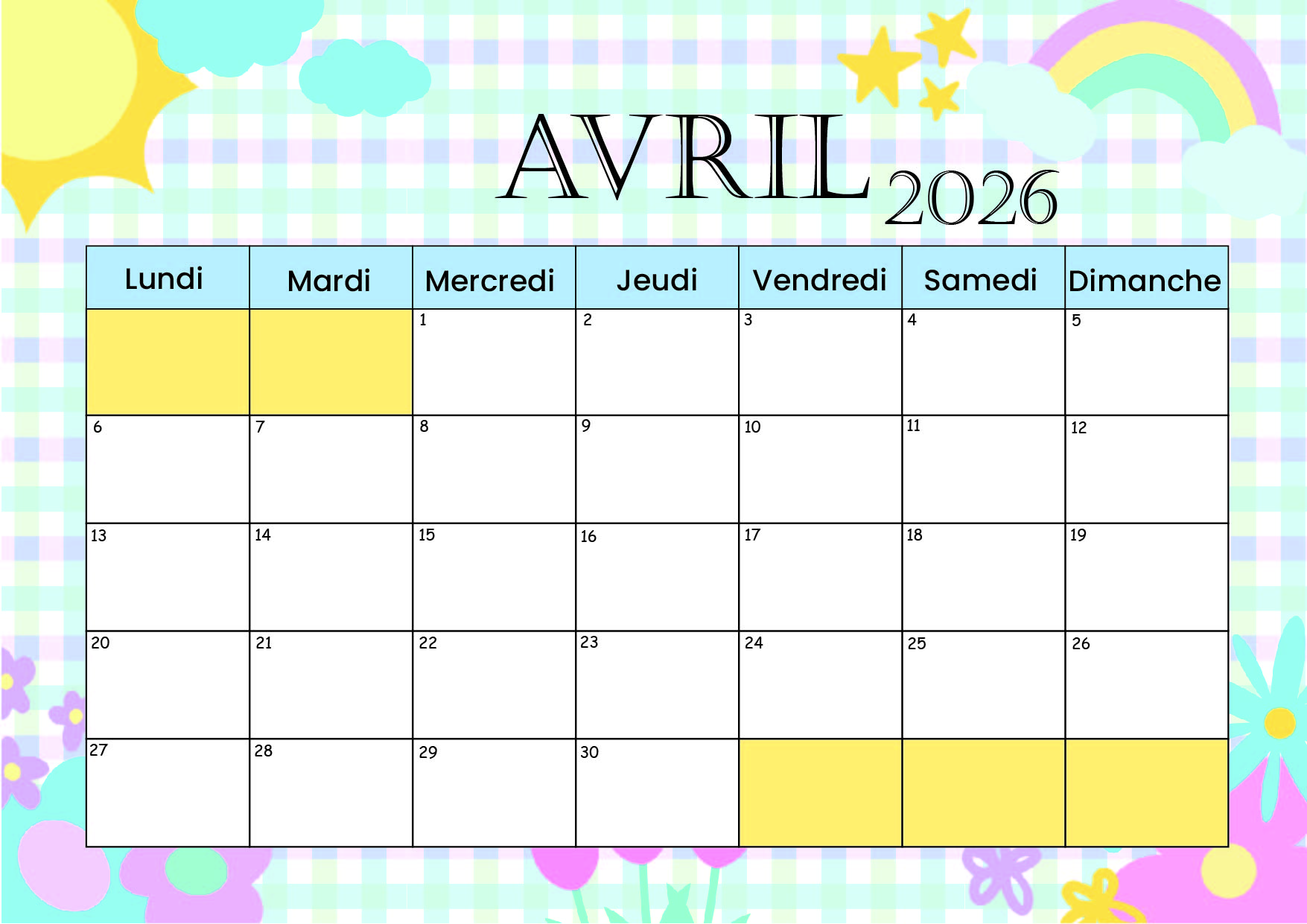 Calendrier Avril 2026 à imprimer