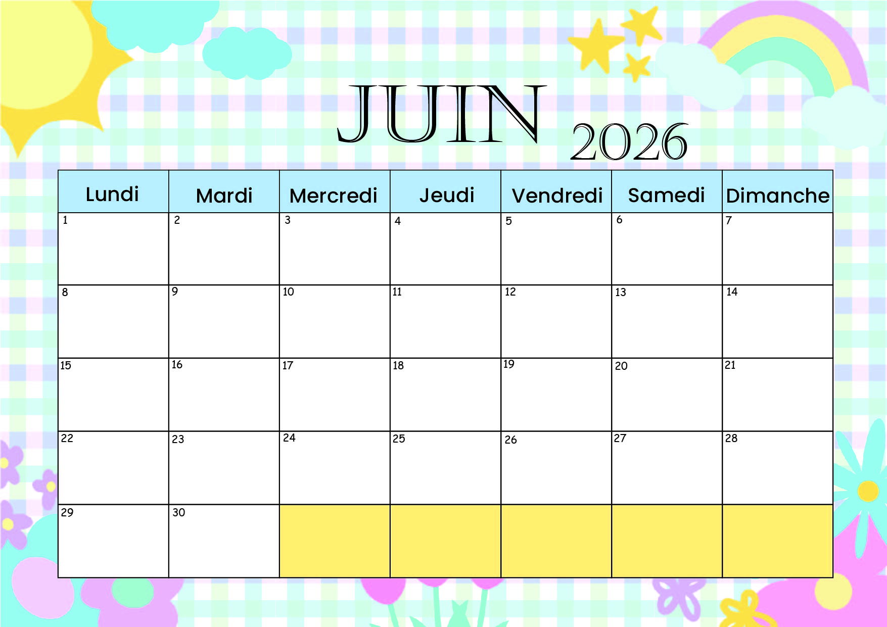 Calendrier Juin 2026 à imprimer