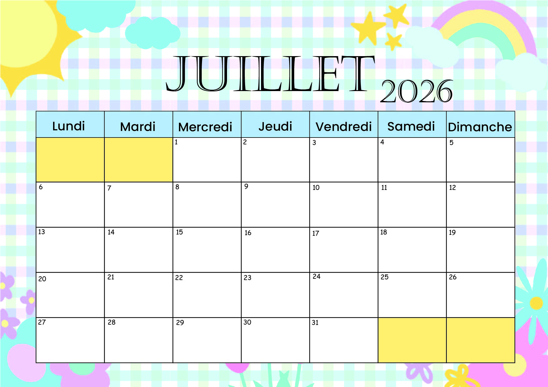 Calendrier de Juillet 2026 à imprimer en PDF