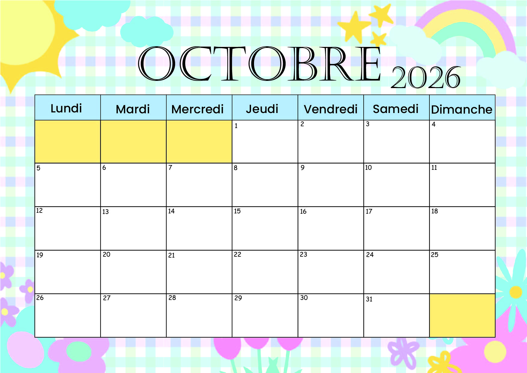 Calendrier Octobre 2026 à imprimer