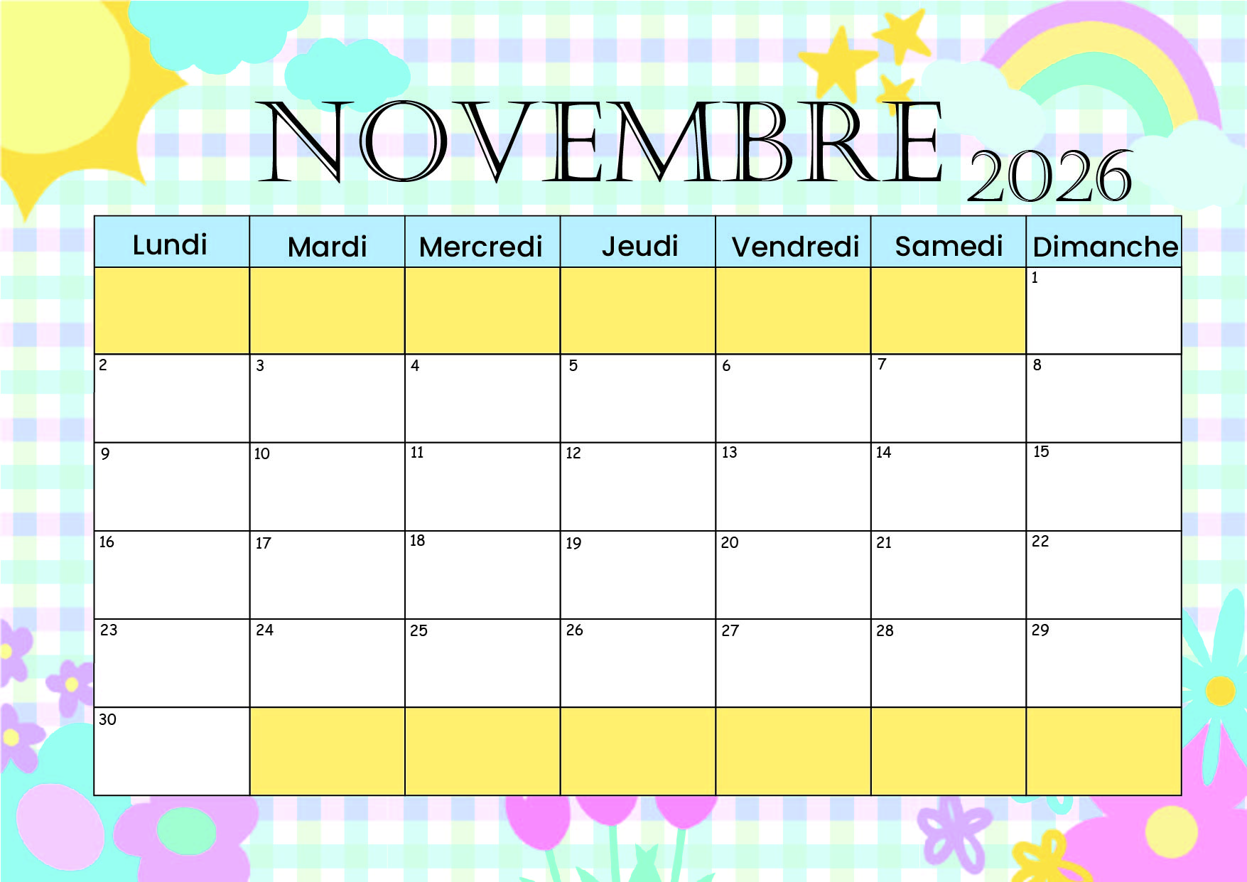 Calendrier de Novembre 2026 à imprimer en PDF