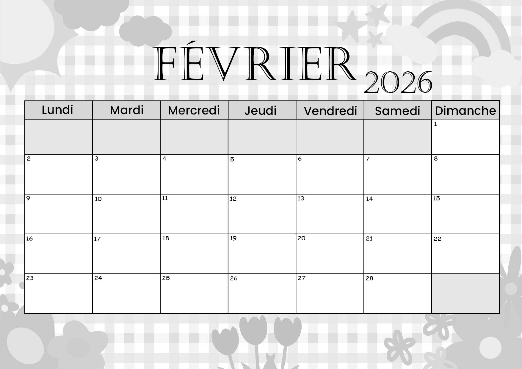Calendrier de Février 2026 à imprimer en PDF