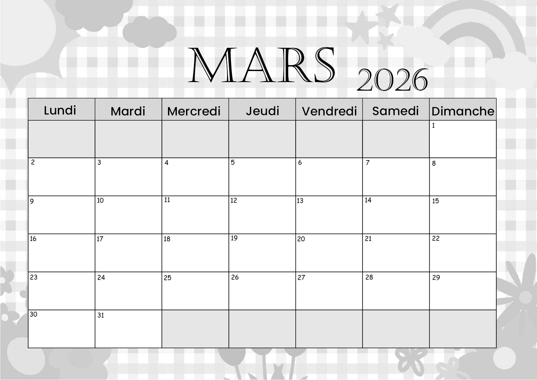 Calendrier Mars 2026 à imprimer