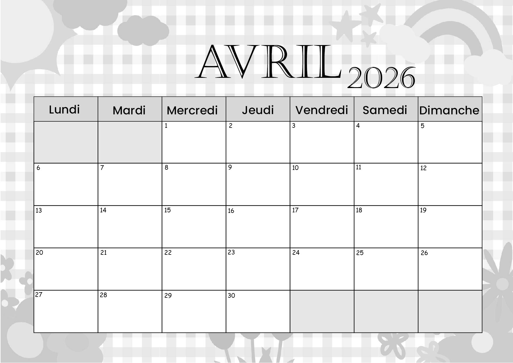 Calendrier Avril 2026 à imprimer