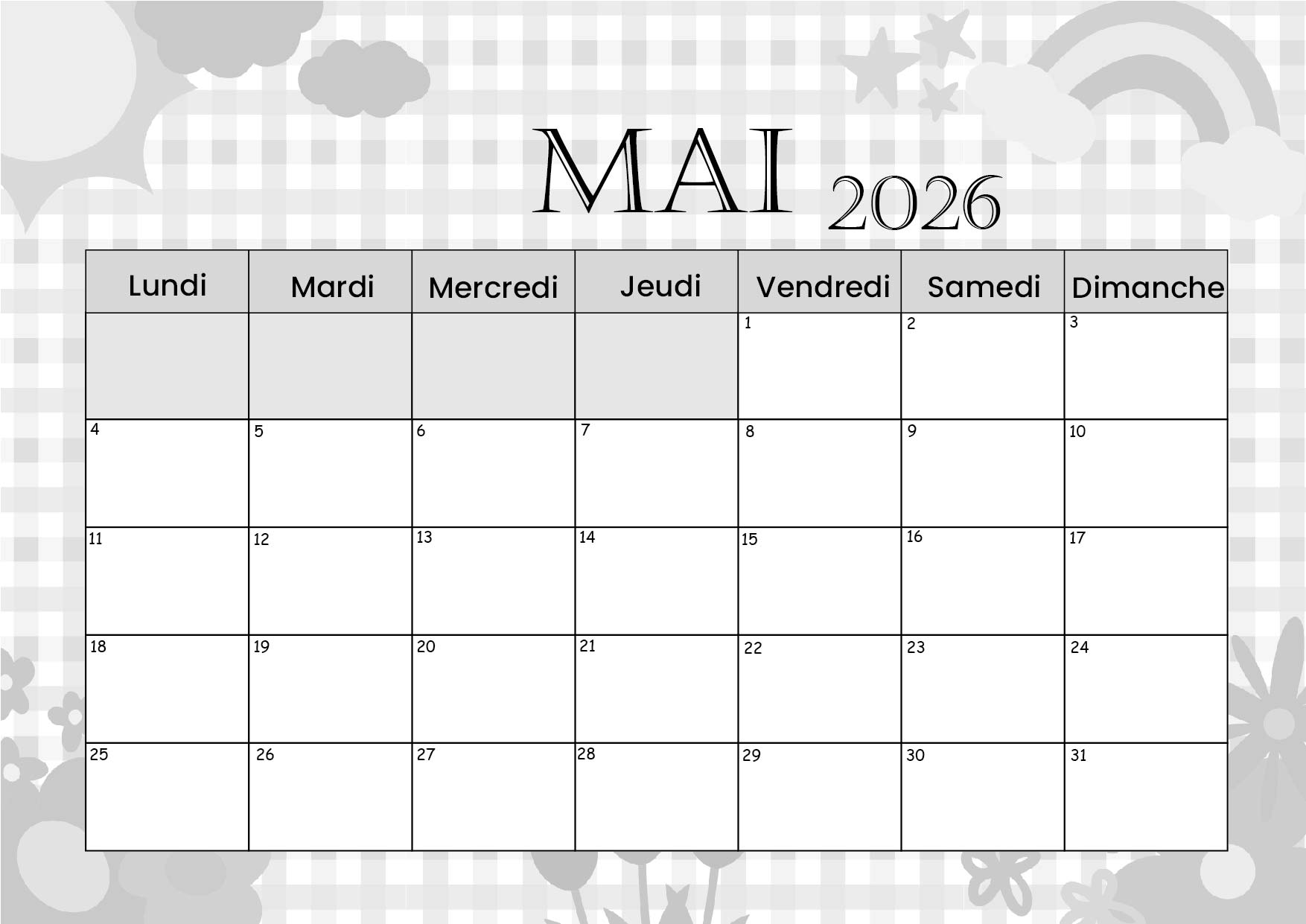 Calendrier Mai 2026 à imprimer