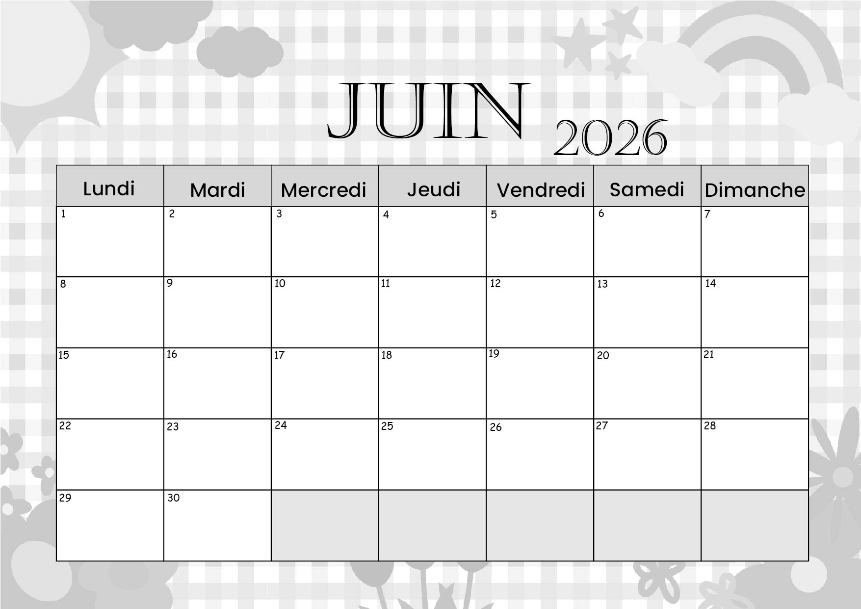 Calendrier Juin 2026 à imprimer