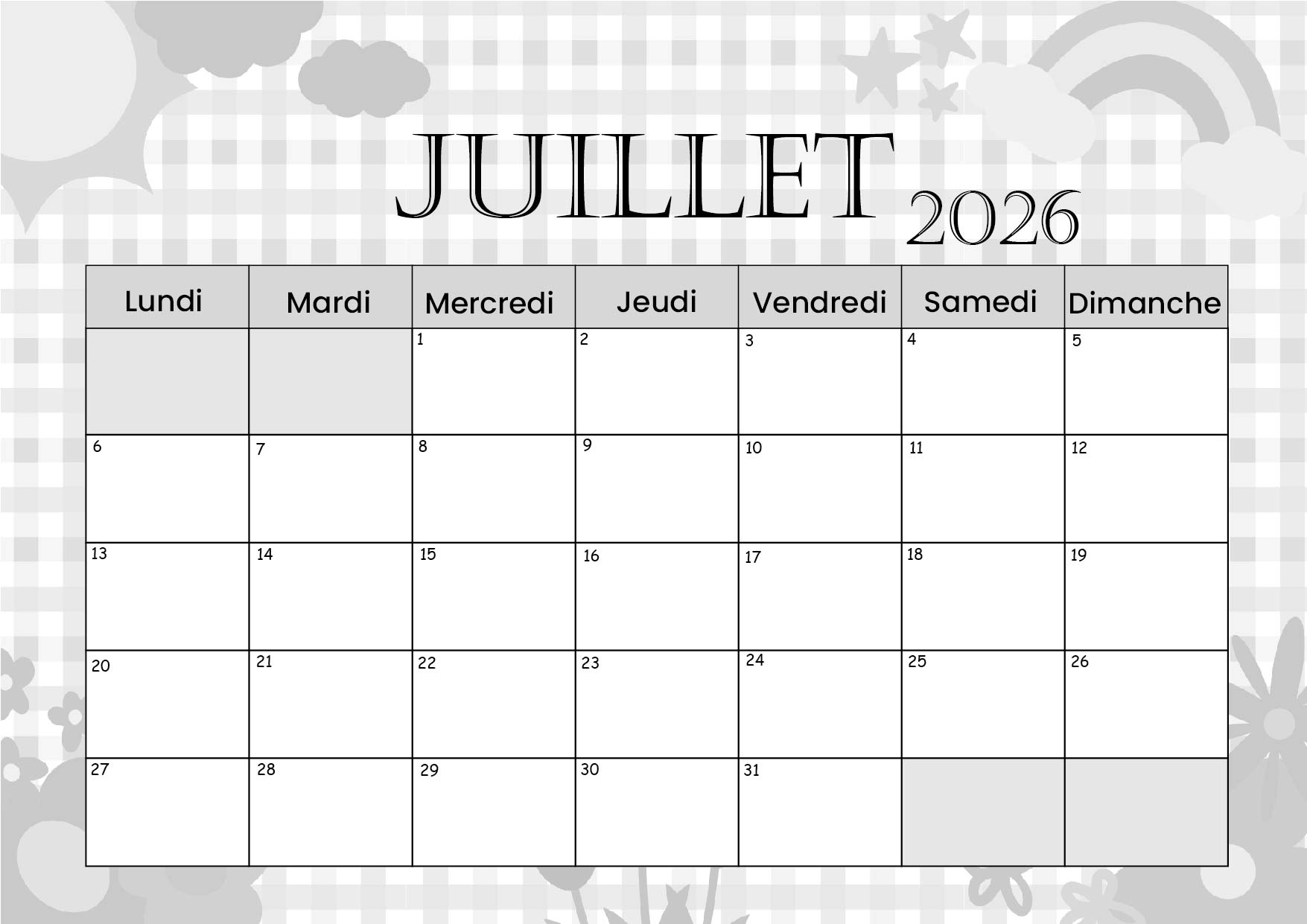 Calendrier de Juillet 2026 à imprimer en PDF