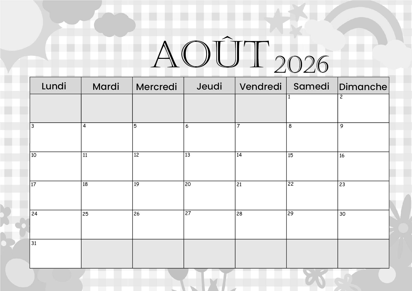 Calendrier Août 2026 à imprimer