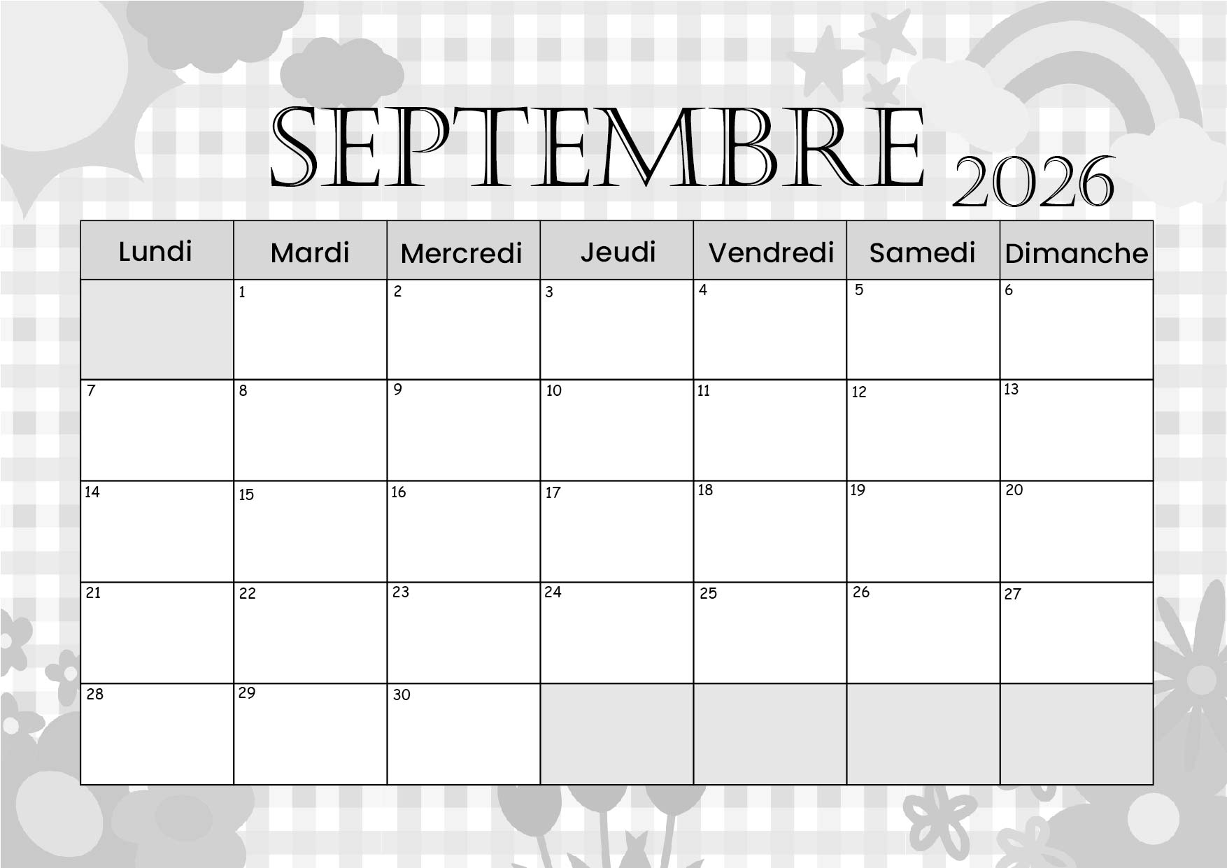 Calendrier Septembre 2026 à imprimer