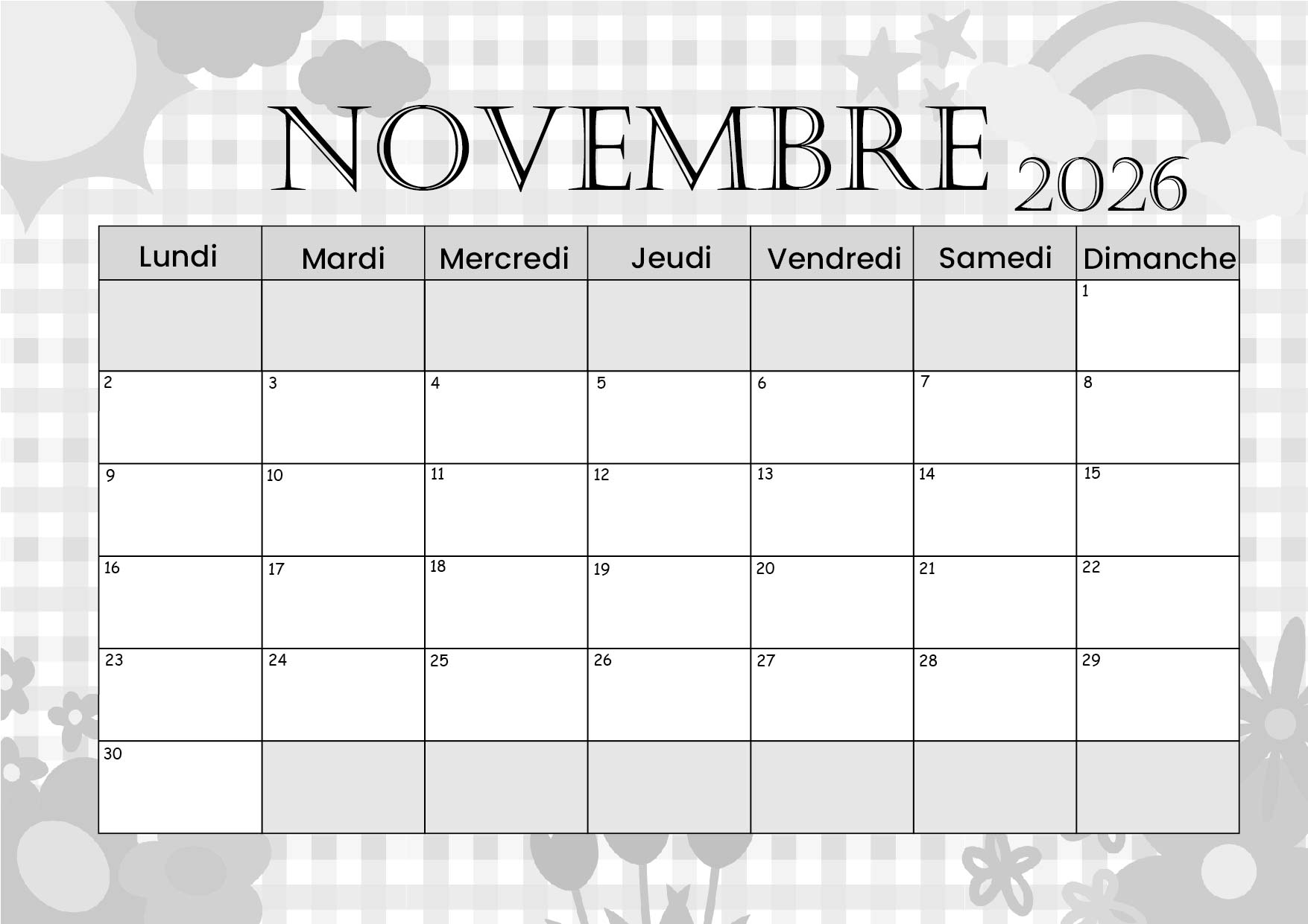 Calendrier de Novembre 2026 à imprimer en PDF