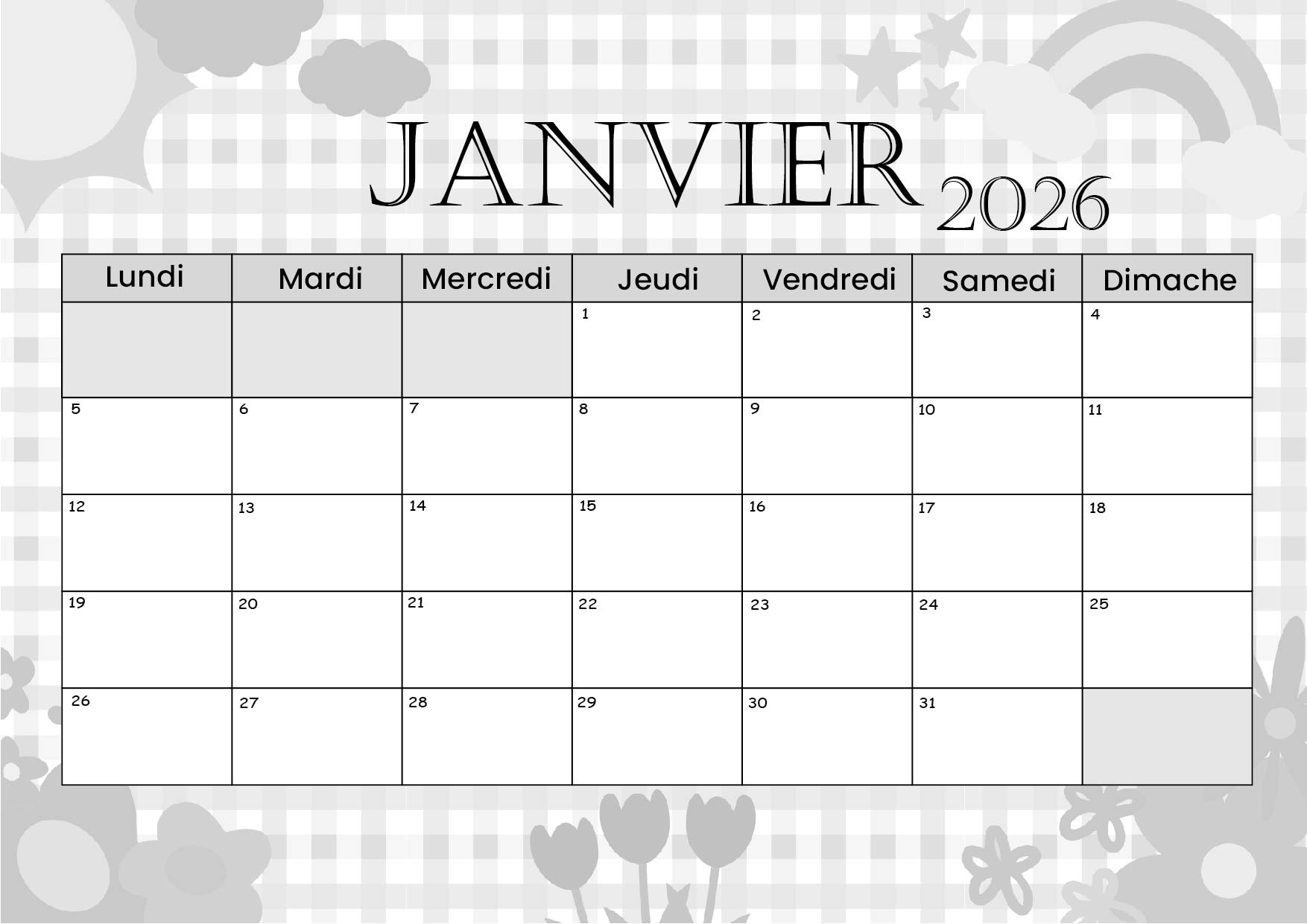 Calendrier de Janvier 2026 à imprimer en PDF