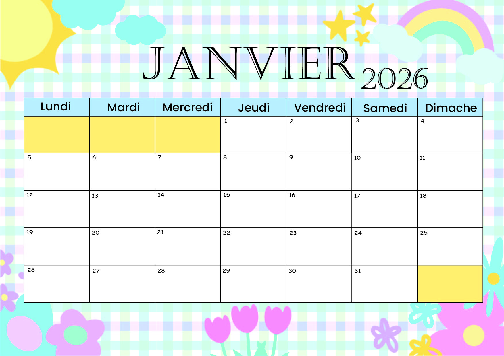 Calendrier de Janvier 2026 à imprimer en PDF