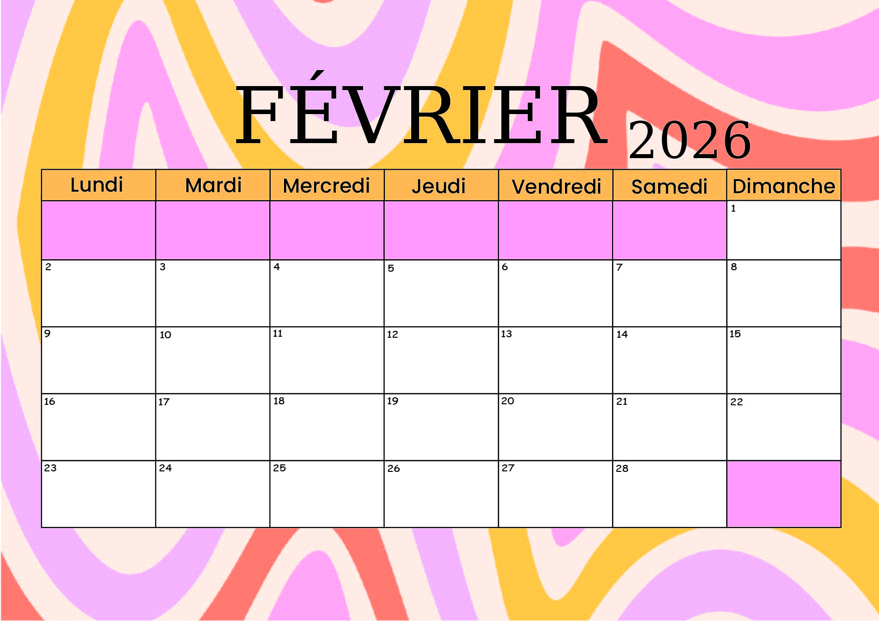 Calendrier de Février 2026 à imprimer en PDF