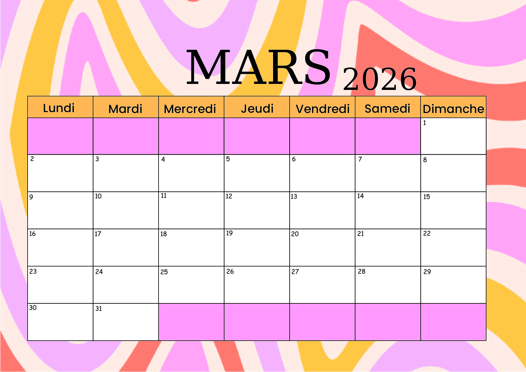Calendrier Mars 2026 à imprimer