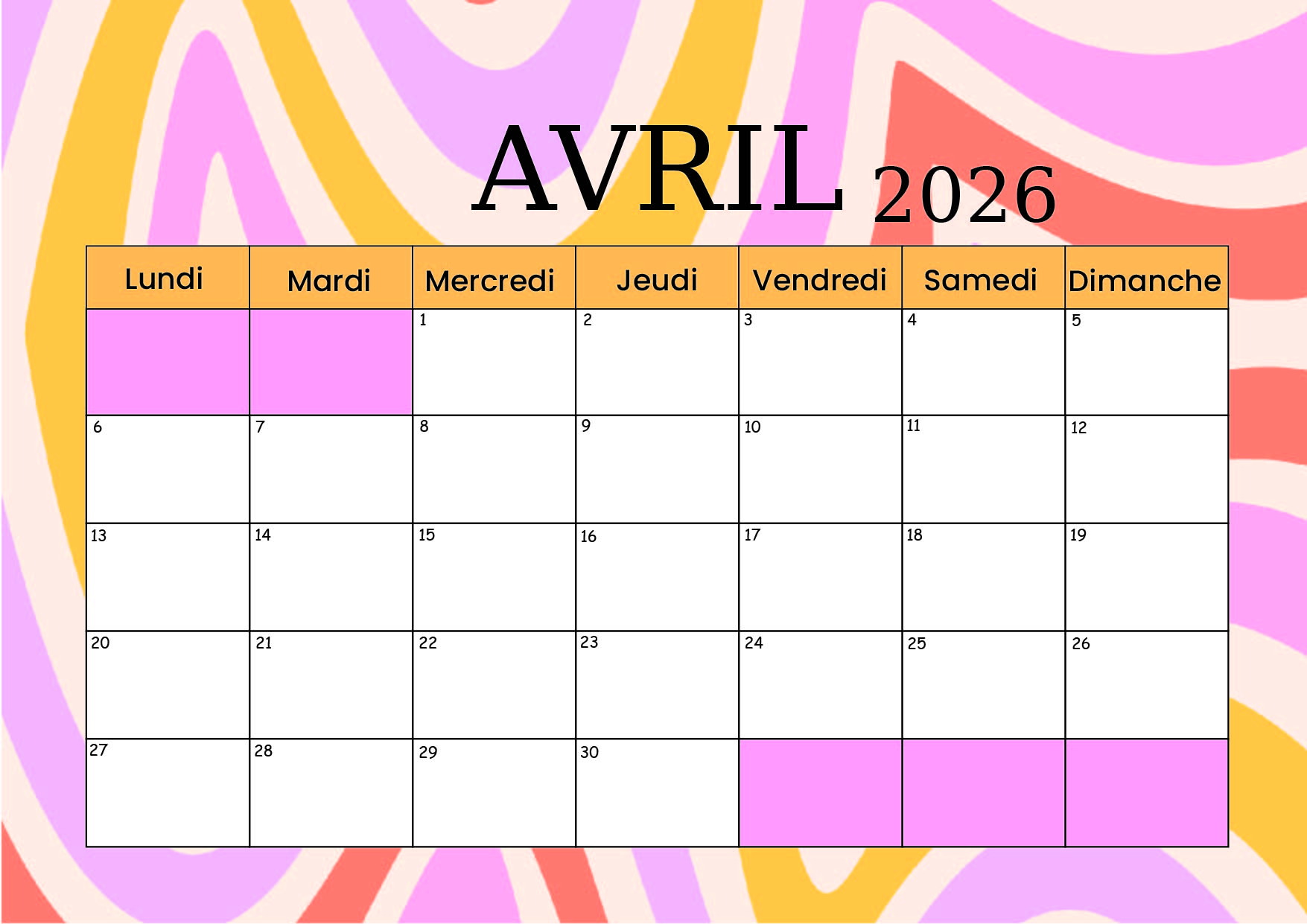 Calendrier Avril 2026 à imprimer