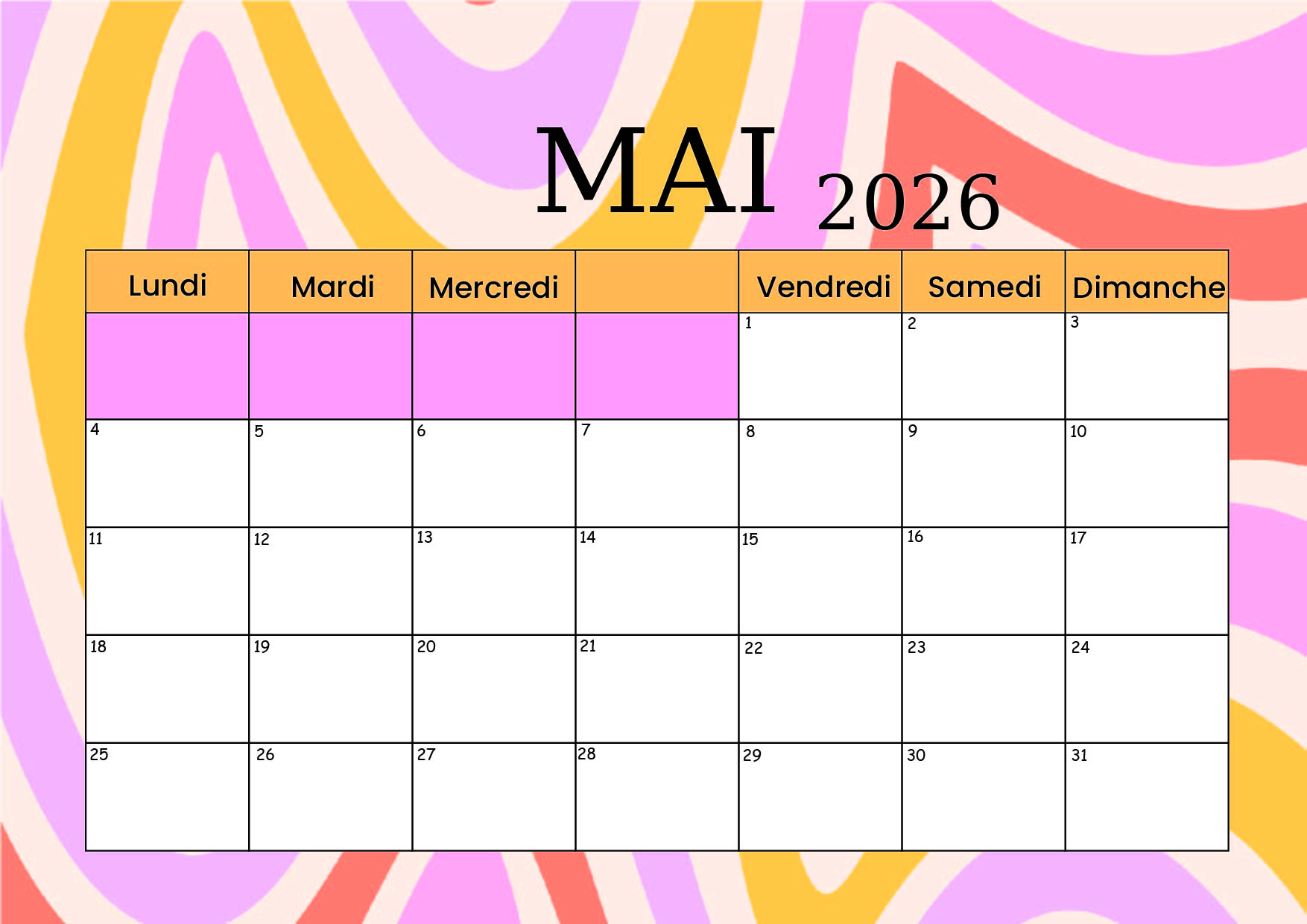 Calendrier Mai 2026 à imprimer
