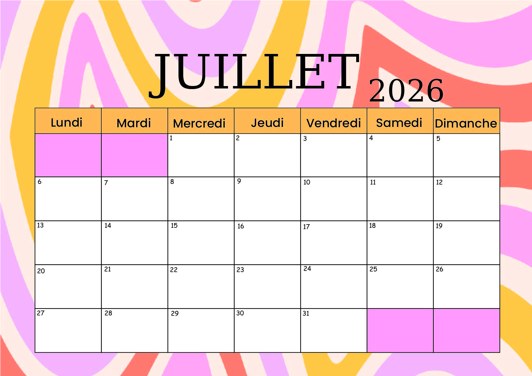 Calendrier de Juillet 2026 à imprimer en PDF