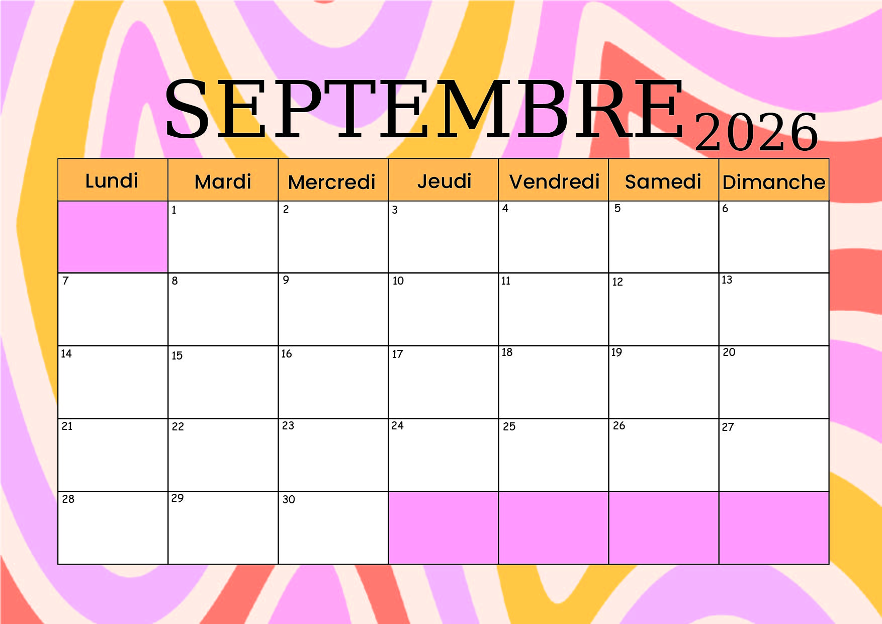 Calendrier Septembre 2026 à imprimer