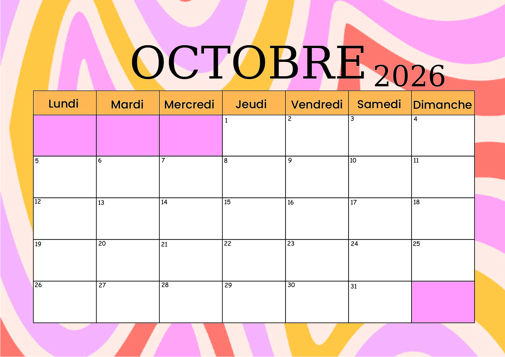 Calendrier de Octobre 2026 à imprimer en PDF
