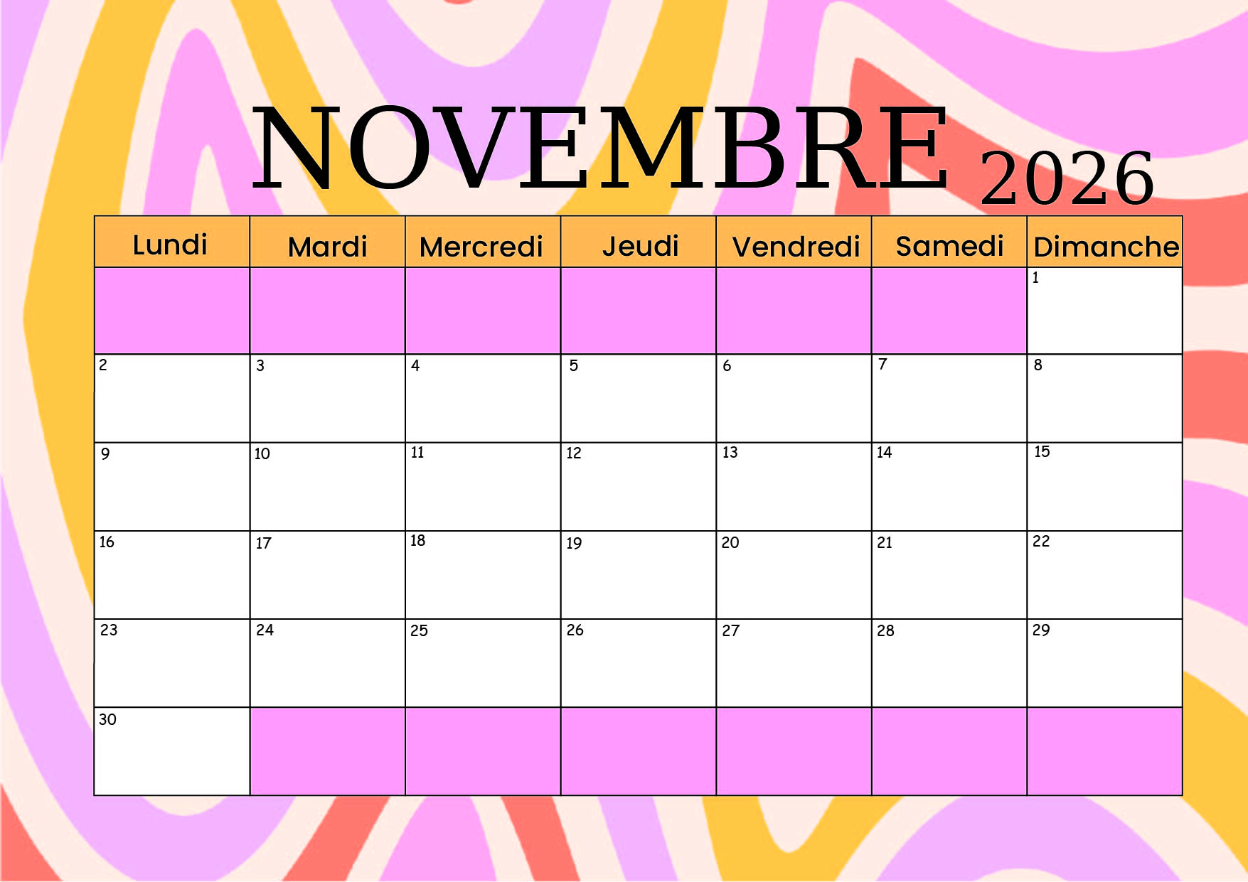 Calendrier de Novembre 2026 à imprimer en PDF