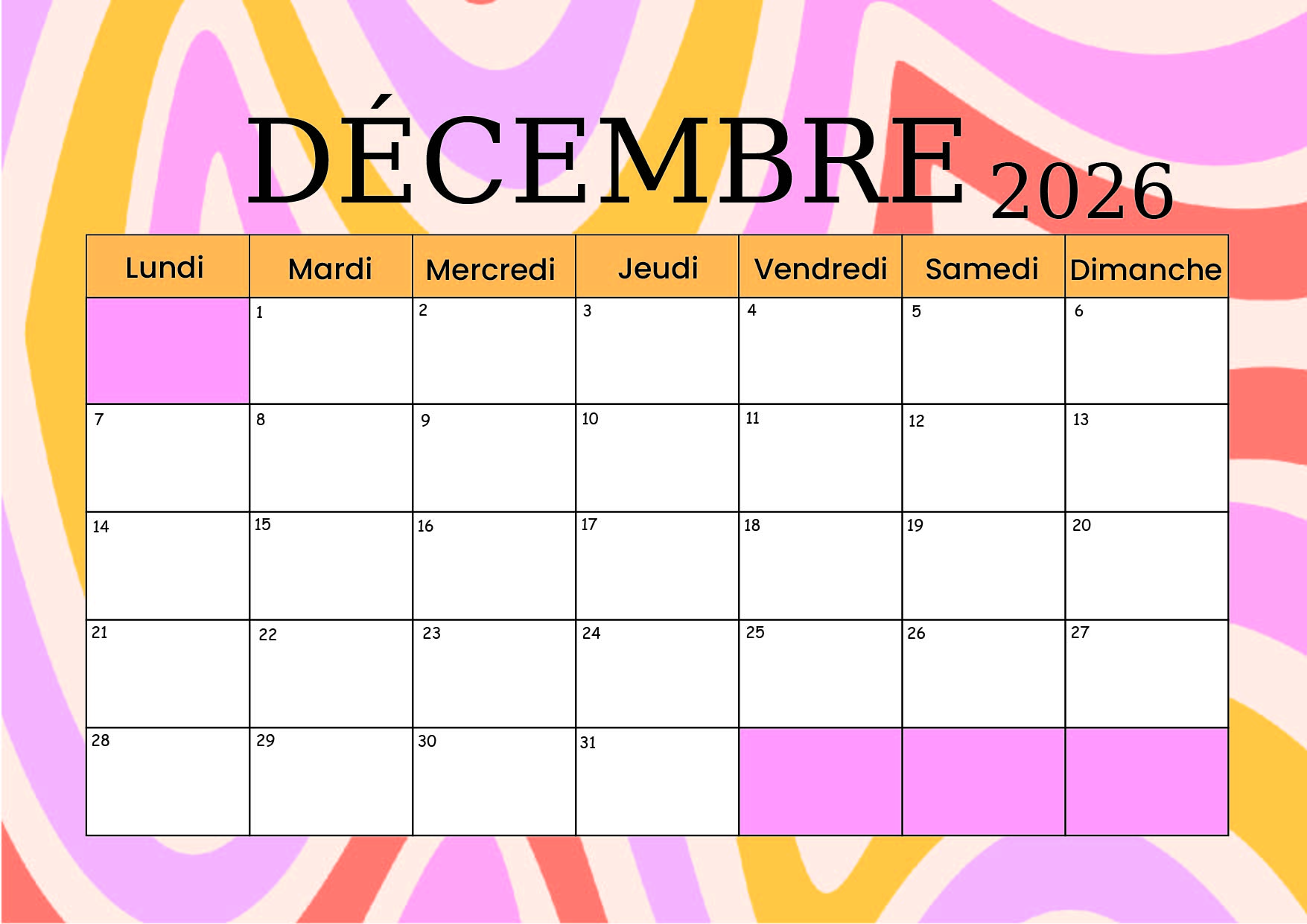 Calendrier Décembre 2026 à imprimer