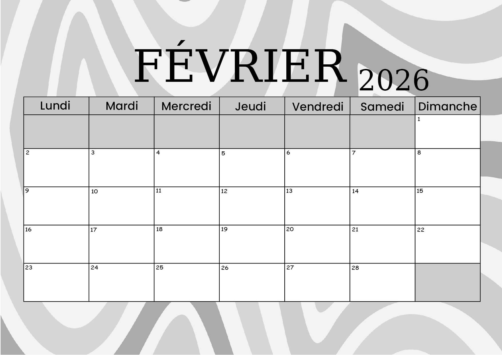 Calendrier de Février 2026 à imprimer en PDF