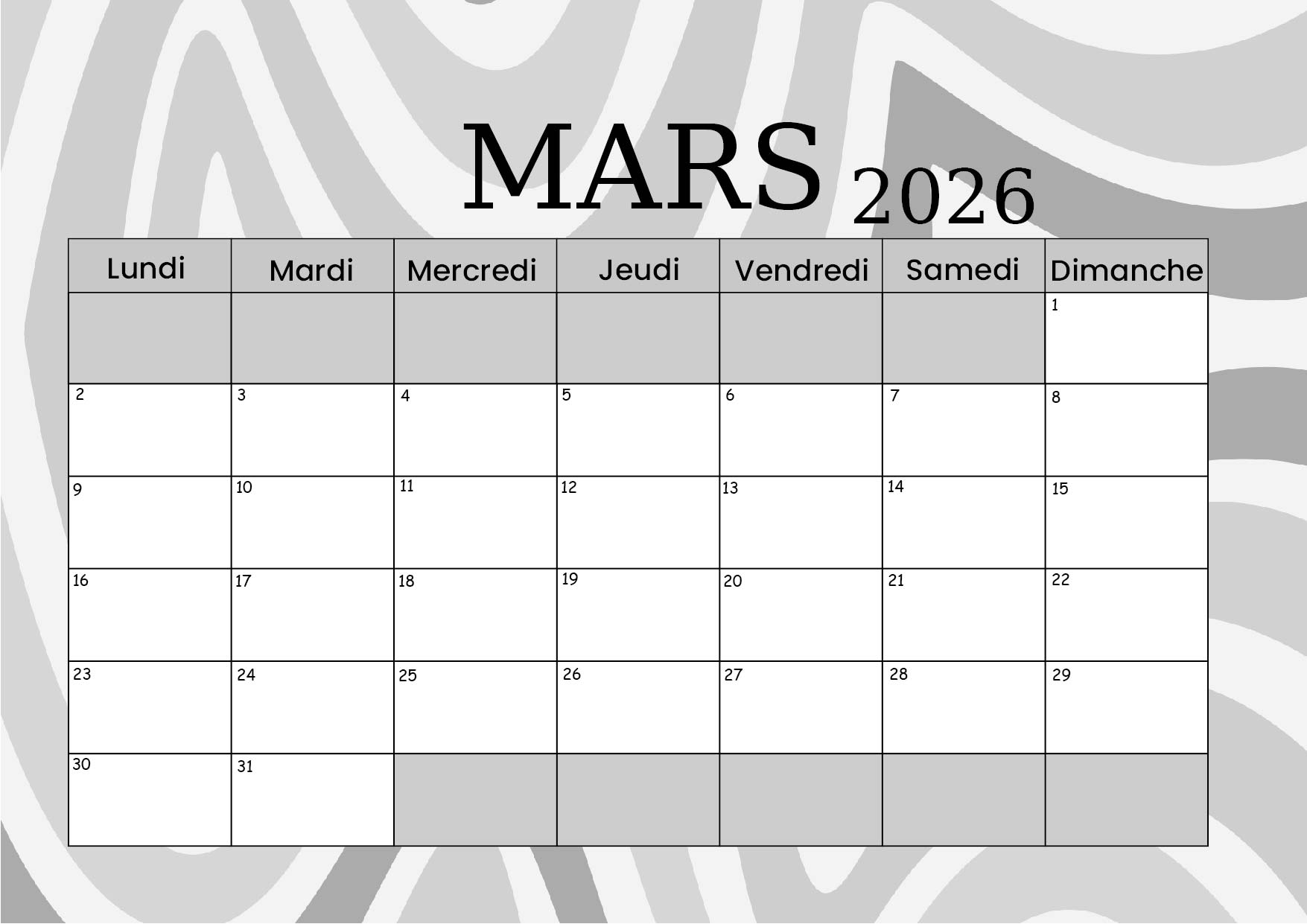 Calendrier Mars 2026 à imprimer