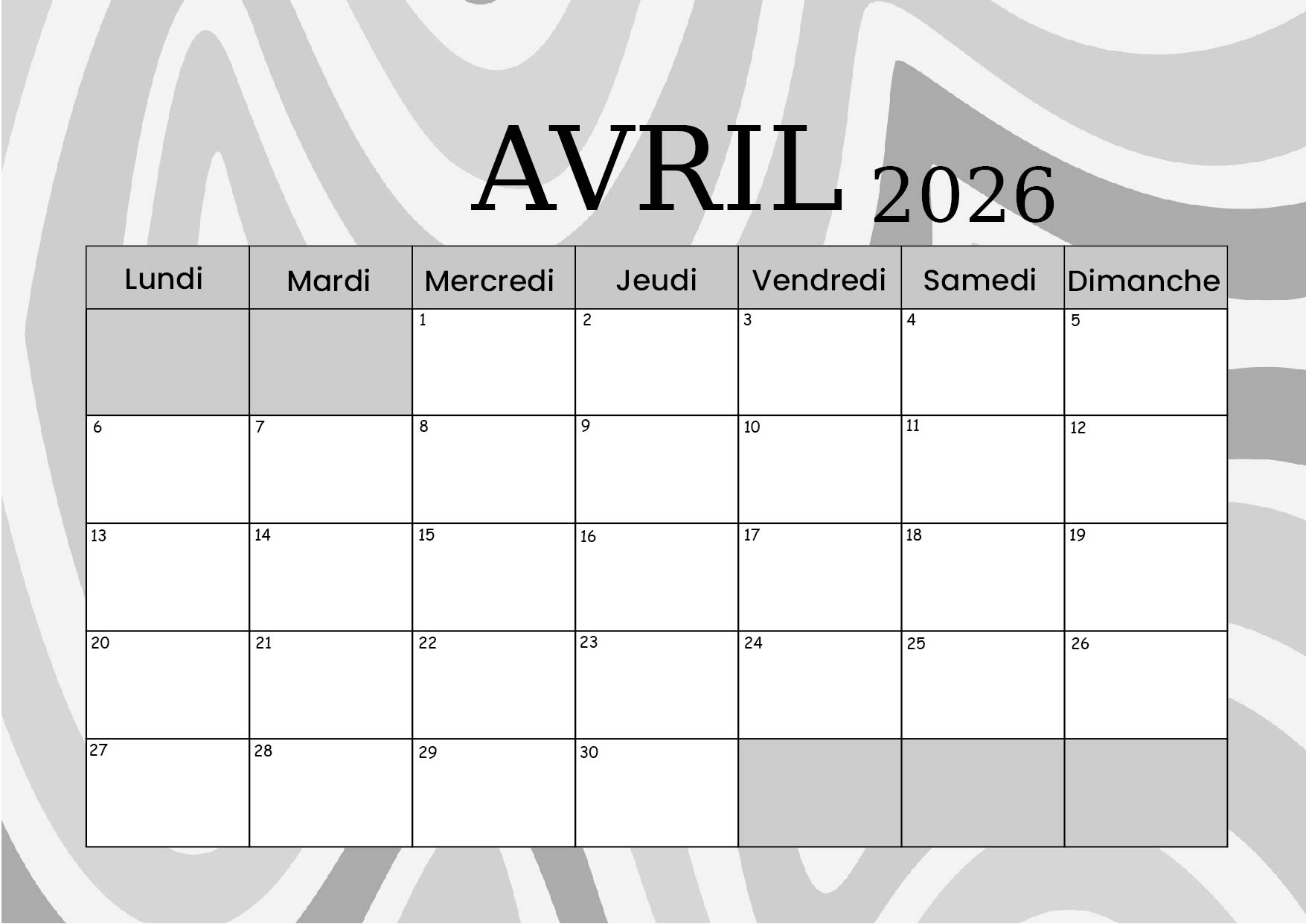 Calendrier Avril 2026 à imprimer