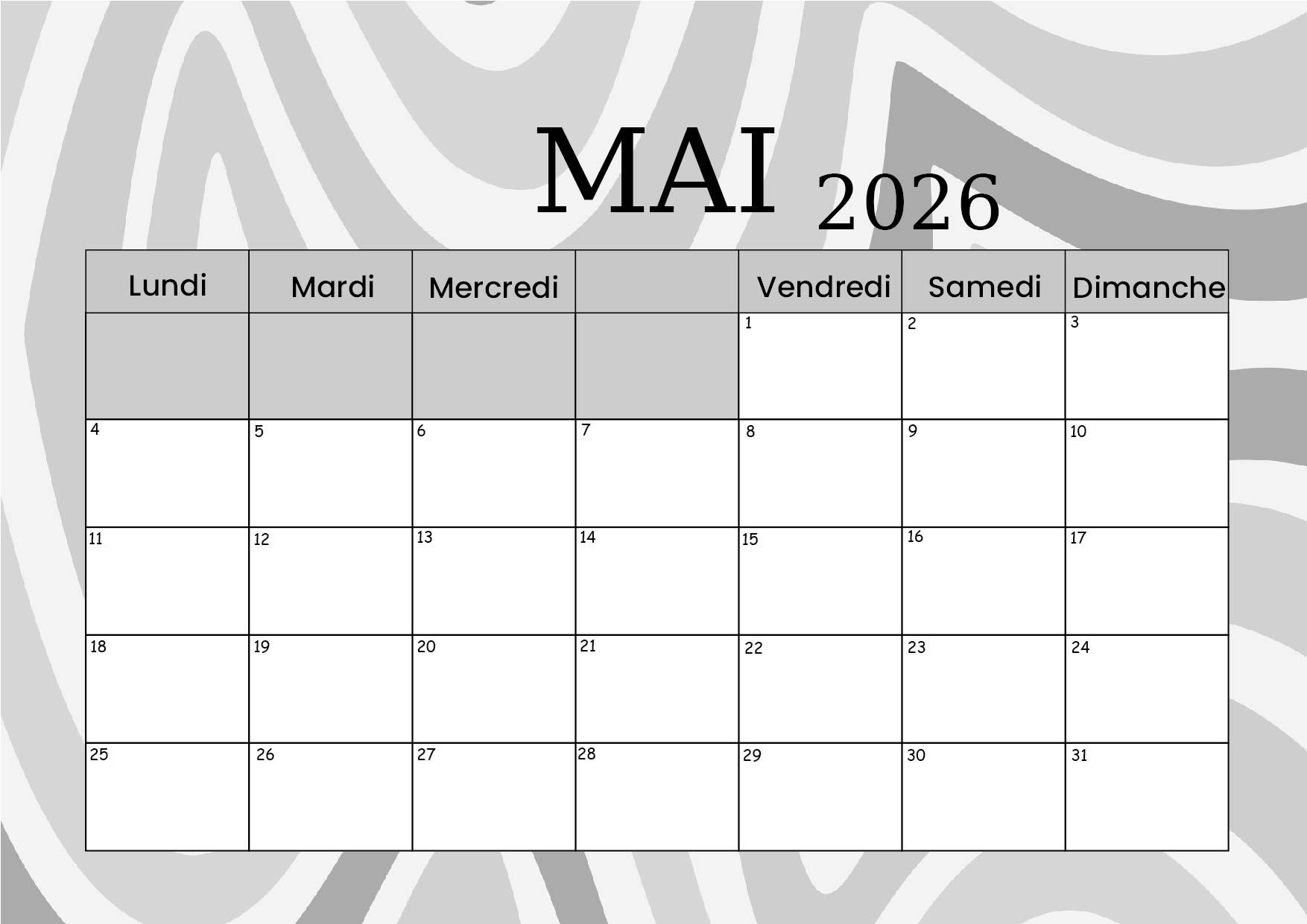 Calendrier Mai 2026 à imprimer